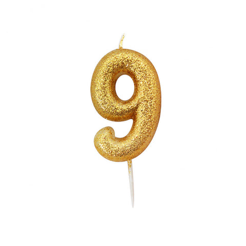 Birthday Candle - Number 9 Glitter Gold Pick